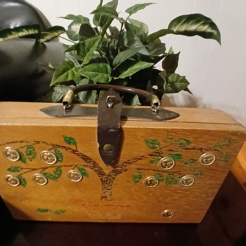 Vintage Wooden Box Handbag with Tree Motif & inside Mirror, Colectors Item!
